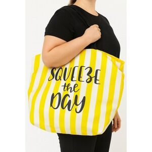 Yellow‎ Striped Tote Bag Squeeze The Day Magnetic Snap Closure Novelty